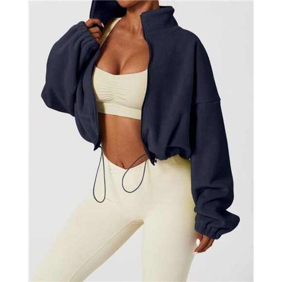 Women's Full Zip Fleece Short Jacket Warm Winter Long Sleeve Stand Collar - Picture 2 of 7